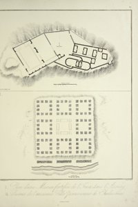 Plan for en befestet inkabolig i Assuay; og ruinene av den gamle peruanske byen Chulucanas, gravert av Bouquet, illustrasjon fra 
