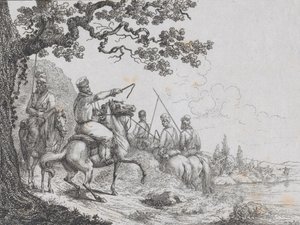 Kosakker som rir langs en elvebredd, 1814. av Friedrich August de La Belle
