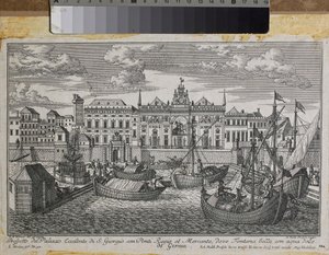Plan over Genova som viser kongebroen, den nye broen i Mercanzia og St. George-palasset sett fra havet, ca. 1750 (gravering) av Friedrich Bernhard Werner