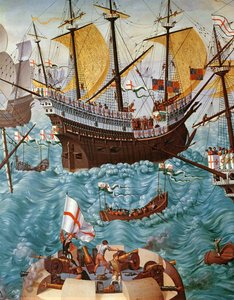 Ombordstigning av Henry VIII 1491-1547 om bord på Henry Grace a Dieu i 1520, kopiert fra et maleri av Vincent Volpi olje på lerret detalj av 148771
