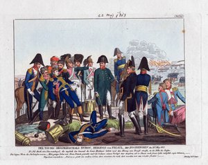 Marshal Durocs død i Hochkirchen 22. mai 1813 (bataille de Bautzen ou Wurschen) - Campe, August Friedrich Andreas (1777-1846) - Etsning, akvarell - 24x28,5 - Privat samling