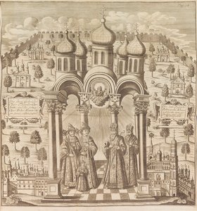 Feodor III, Peter I, Ivan V og patriark Adrian I. Fra Das veraenderte Russland..., 1721. av Friedrich Christian Weber