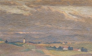 Kveldslandskap med kirketårn av Friedrich Hasslwander