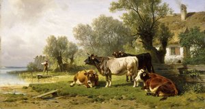 Storfe i en gårdsplass langs en elv med en fisker bortenfor, 1881