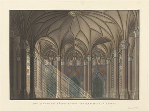 Innredning med kongens rom for tragedien "Don Carlos" Scenografi for de to kongelige teatrene i Berlin (serietittel) Decorationen auf den både Königlichen Theatern i Berlin (serietittel) av Friedrich Jugel