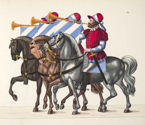 Tre musikere ved en turnering, plate fra A History of the Development and Customs of Chivalry, av Dr. Franz Kottenkamp, utgitt av Carl Hoffmann, 1842 av Friedrich Martin von Reibisch