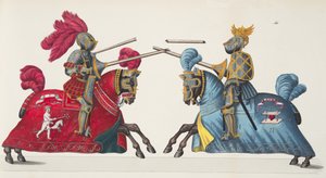 To riddere ved en turnering, plate fra 'A History of the Development and Customs of Chivalry', av Dr. Franz Kottenkamp, utgitt av Carl Hoffmann, 1842 av Friedrich Martin von Reibisch