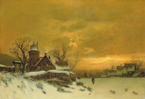 Vinterlandskap med utsikt over bygninger om kvelden av Friedrich Nicolai Joseph Heydendahl