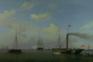 Den danske skvadronen for anker ved Warnemünde rhed. Deres Kongelige Høyheter Kronprinsen og Kronprinsessen ankommer dampskipet «Kiel» til skvadronen, og krigsskipet «Christian den åttende» begynner å hilse av Friedrich Theodore Kloss