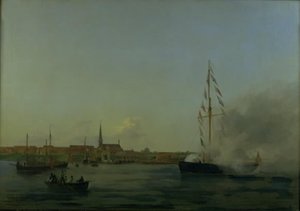 Havna på Nyborg. I forgrunnen kutteren "Neptun" av Friedrich Theodore Kloss