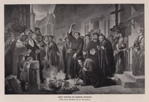 Martin Luther brenner den pavelige oksen i Wittenberg, Tyskland av Friedrich Wilhelm Heinrich Martersteig
