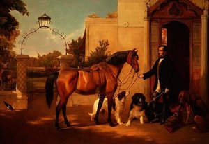 En gentleman med sin jeger og hunder utenfor huset sitt av Friedrich Wilhelm Keyl