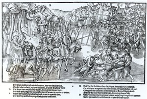 Den irske høvdingen mottar prestens velsignelse før han drar for å kjempe mot engelskmennene, som vises i full rustning, plate 4 fra 
