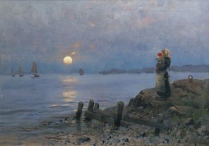 Kvinne og barn på stranden av Frithjof Smith-Hald