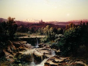 Utsikt over det kongelige klosteret San Lorenzo de El Escorial (olje på lerret) av Fritz Bamberger