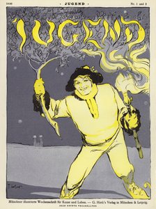 Mann som holder en gren og en lommelykt (farge litho)