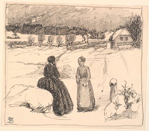 Ute i snøen satt en kvinne i lange svarte klær... av Fritz Syberg