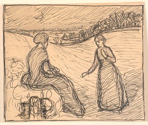 Ute i snøen satt en kvinne i lange svarte klær... av Fritz Syberg