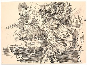 Et skogsvann med to robåter av Fritz Syberg