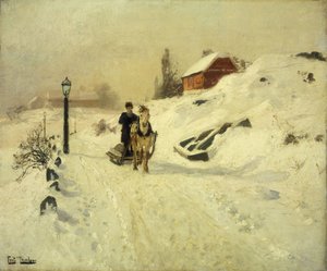 En hestetrukket slede i et vinterlandskap av Frits Thaulow