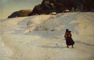 Vinterscene med en skiløper av Fritz Thaulow