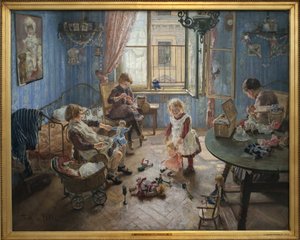 Barnehage. Maleri av Fritz von Uhde (1848-1911), olje på lerret