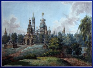 Det nye Jerusalem-klosteret. Russisk-ortodoks arkitektur, i Istra nær Moskva. Verk av Fjodor Yakovlevich Alexeyev (1753-1824), akvarell og blekk på papir, ca 1800. Russisk kunst, tidlig 1800-tall, klassisisme. st av Fyodor Alexeyev