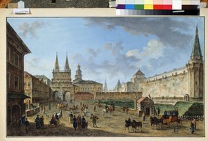 Moskva, utsikt over oppstandelsesporten ved Den røde plass. Maleri av Fjodor Yakovlevich Alexeev (1753-1824). Akvarell og gouache på papir, 58,2 x 91,2 cm, ca 1801. Russisk kunst, klassisisme. Museum av