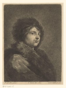 Portrett av en ukjent ung mann med pelsfrakk og hatt av G.B. Rössel