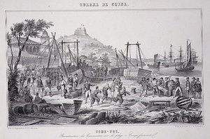 Setter sammen pistolbåter på stranden i Tche-Fou, fra "The War in China" av G.C. de Fortavion