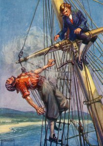 Illustrasjon for Treasure Island av Robert Louis Stevenson (farge litho)