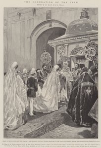 Kroningen av tsaren, et stopp i statens inntog i Moskva, krusifikset og det hellige vannet presentert for tsaren og tsarinaen foran kapellet til den iberiske madonna av G.S. Amato