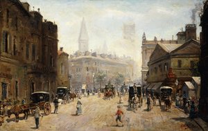 En travl gatescene (olje på lerret) av G. A. Dufaug