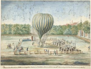 Lanseringen av Blanchards ballong i Haag i 1785 av G. Carbentus (signed by artist)