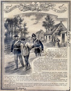 1789: Erklæring om menneskets og borgerens rettigheter: Respekt for loven. Gravering i "Den unike boken om etikk og samfunnsinstruksjon, beregnet på elever på de tre kursene på grunnskolen og de i grunnklassene til Lycees and Colleges, Deuxi