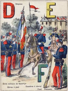 Bokstaver D E F: Flagg, Military School of Saint-Cyr (Saint Cyr), Eleves til fots, Horse Squadron, Rifle and Fantassin, ca. 1900 (litografi)
