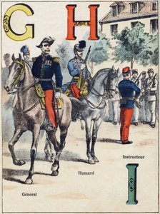 Bokstaver G H I: General, Hussard og instruktør. Gravering i "Alphabet militaire" , Grand-Bebe-serien. Gravering. Pont-a-Mousson avbildning. Louis Vagne, Trykker-Forlag, ca. 1900. Illustrasjoner av G. Dascher. 20 sider. Mål: 31,5x24,5cm av G. Dascher