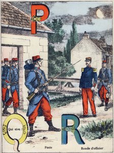 Bokstavene P Q og R: Post, Qui vive! og offisersrunden. Gravering i "Alphabet militaire" , Grand-Bebe-serien. Gravering. Pont-a-Mousson avbildning. Louis Vagne, Trykker-forlag, ca 1900. Illustrasjoner av G. Dascher. 20 sider. Mål: 31,5x24,5cm