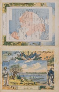 Kart over franske eiendeler og innflytelsessfærer i Afrika og utsikt over elven Senegal, omslag til en skoleoppgavebok, sent på 1800-tallet (fargegravering)