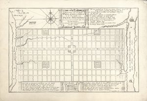 Den første planen for Philadelphia, utviklet av William Penn og Thomas Holme i 1682, 1684 av G. Drogenham