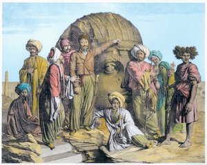 Arkeolog Bernardino Drovetti måler et kolossalt hode i den egyptiske ørkenen, 1819 av G Engelmann