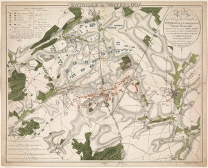 Kart av Slag ved Waterloo, 1815 Battle of Waterloo / Kart over Battlefield of Waterloo kjent som Belle-Alliance. Minneverdig seier vunnet 18. juni 1815 av de allierte hærene (...) (tittel på objekt) av G. Jacowick