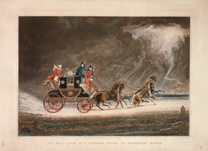 Postbussen i et tordenvær på Newmarket Heath, Suffolk, 1827. av G Reeves