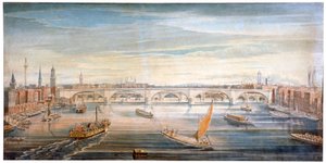 Utsikt over den nye London Bridge fra vest, med båter og lektere på Themsen, 1831.