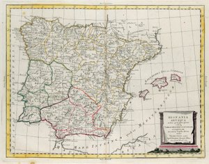 Det gamle Spania delt inn i tre distinkte områder, nemlig Terraconensis, Lusitania og Baetica og også delt inn i folk, gravering av G. Zuliani hentet fra Tome I av "Newest Atlas" publisert i Venezia i 1785 av Antonio Zatta, Private Collection