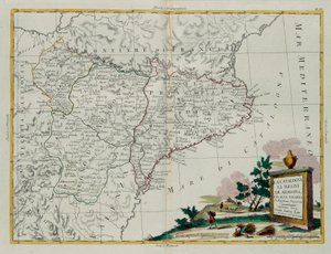 Catalonia, kongedømmene Aragon og Alta Navarra, gravering av G. Zuliani hentet fra Tome I of the Newest Atlas publisert i Venezia i 1775 av Antonio Zatta, Private Collection