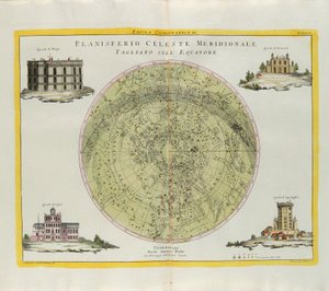 Kosmografisk plate av Southern Celestial Planisphere skåret ved ekvator, gravering av G. Zuliani hentet fra Tome I of the Newest Atlas publisert i Venezia i 1777 av Antonio Zatta av G. Zuliani