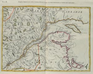 Den østlige delen av Canada, nordlige Nova Scotia og en del av Labrador, gravering av G. Zuliani hentet fra Tome I av "Newest Atlas" utgitt i Venezia i 1778 av Antonio Zatta, Private Collection av G. Zuliani