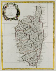 Øya Korsika delt inn i sine provinser, gravering av G. Zuliani hentet fra Tome II av "Newest Atlas" publisert i Venezia i 1782 av Antonio Zatta, Private Collection av G. Zuliani