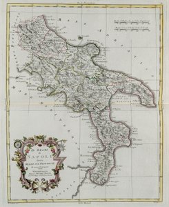 Kongeriket Napoli delt inn i sine provinser, gravering av G. Zuliani hentet fra Tome II av "Newest Atlas" utgitt i Venezia i 1781 av Antonio Zatta, Private Collection av G. Zuliani
